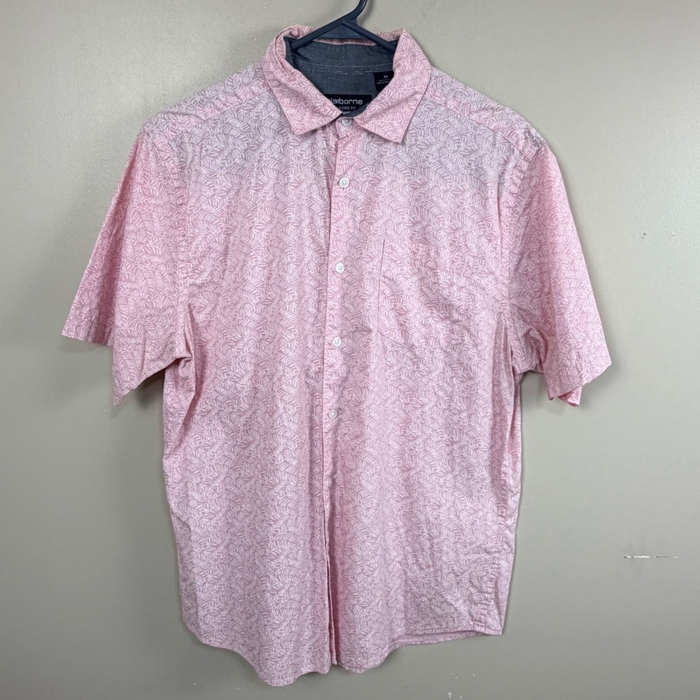 Claiborne Button Down Shirt Mens M Pink Good Tropical Leaf Short Sleeve Stretch